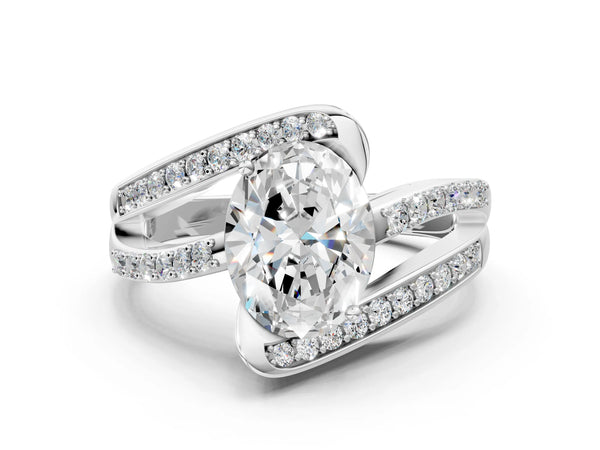 Silver Oval Solitaire Bypass Diamond Engagement Ring with Channel-Set Band and Four-Prong Setting