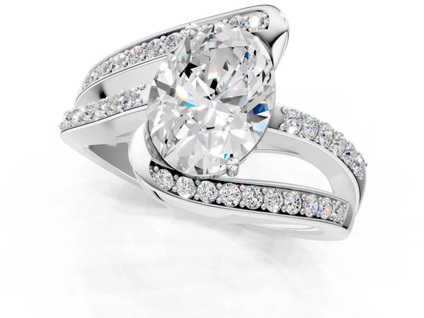 Silver Oval Solitaire Bypass Diamond Engagement Ring with Channel-Set Band and Four-Prong Setting