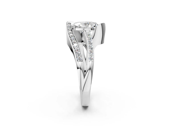 Silver Oval Solitaire Bypass Diamond Engagement Ring with Channel-Set Band and Four-Prong Setting