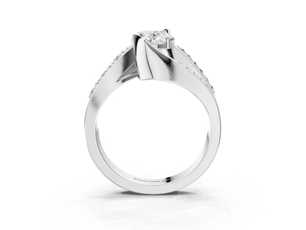 Silver Oval Solitaire Bypass Diamond Engagement Ring with Channel-Set Band and Four-Prong Setting