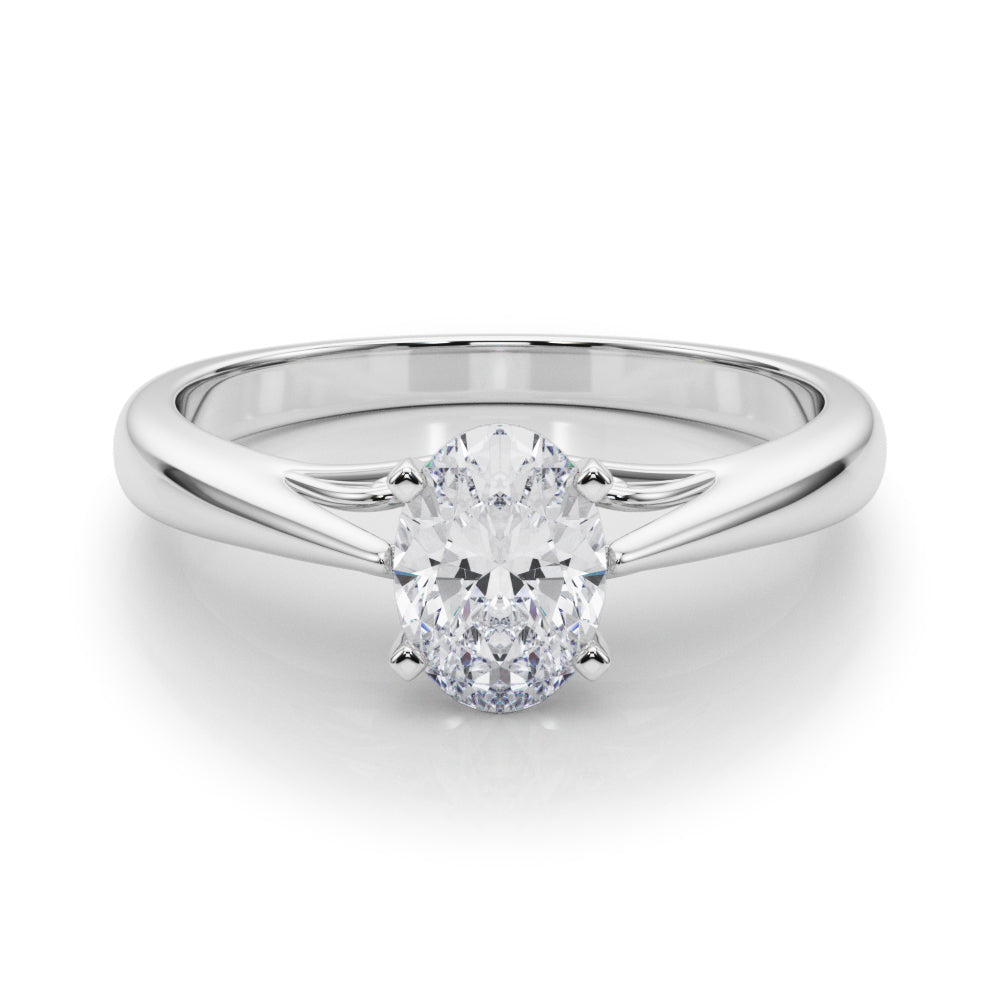 Silver Oval Solitaire Diamond Engagement Ring with Cathedral Setting and Four-Prong Mount on a Classic Band
