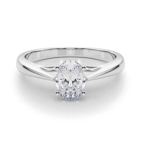 Silver Oval Solitaire Diamond Engagement Ring with Cathedral Setting and Four-Prong Mount on a Classic Band