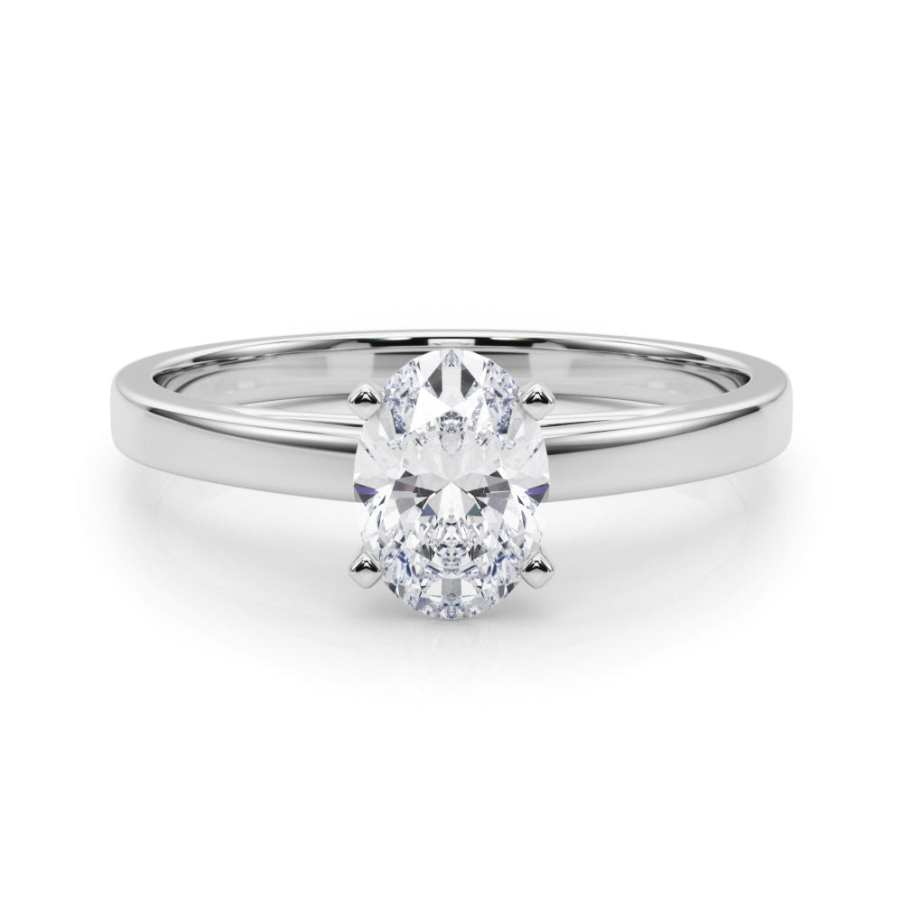 Silver Oval Solitaire Diamond Engagement Ring with Four-Prong Setting on a Classic Band