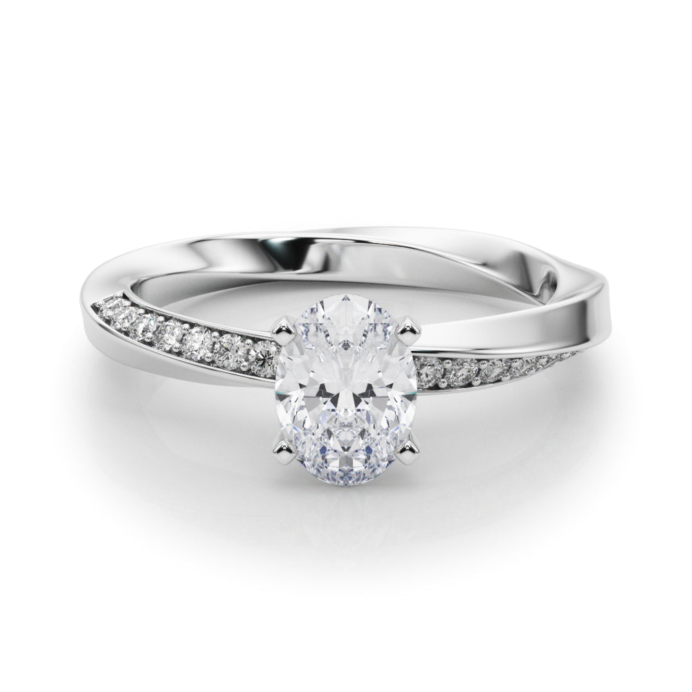 Silver Oval Solitaire Diamond Engagement Ring with Side Stone Accents and Four-Prong Setting