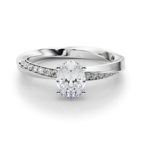 Silver Oval Solitaire Diamond Engagement Ring with Side Stone Accents and Four-Prong Setting