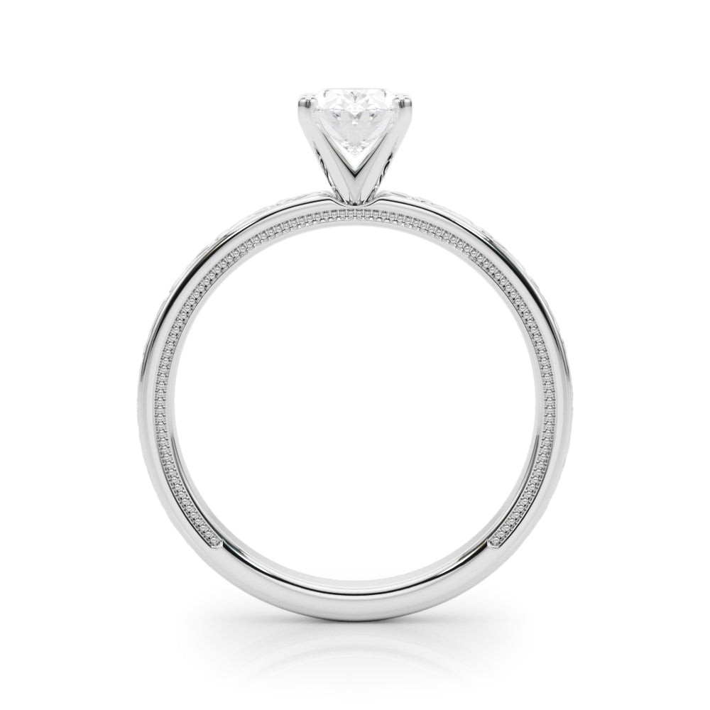 Silver Oval Solitaire Diamond Engagement Ring with XO Engraved Band and Four-Prong Setting 1
