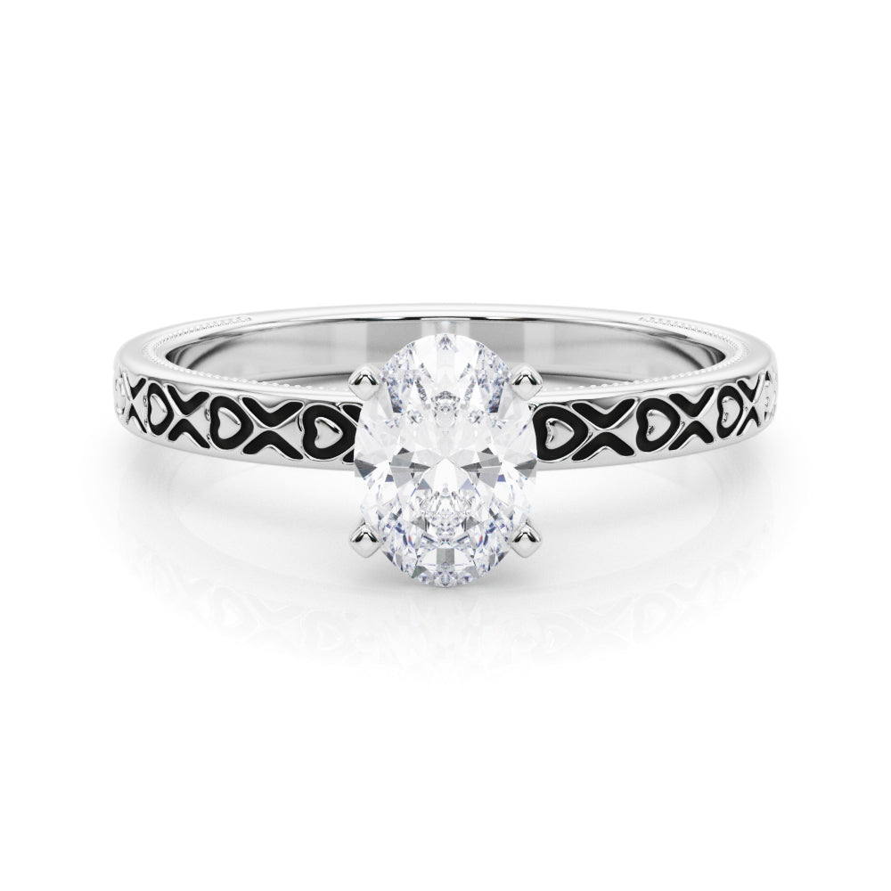 Silver Oval Solitaire Diamond Engagement Ring with XO Engraved Band and Four-Prong Setting