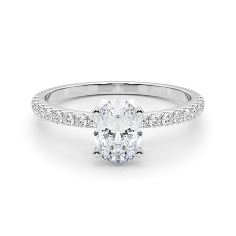 Silver Oval Solitaire Diamond Pavé Band with Four-Prong Setting