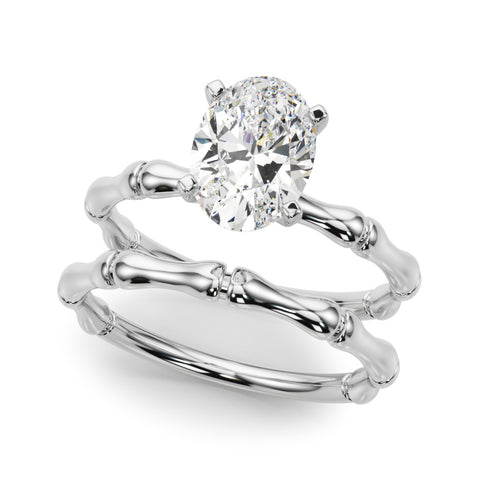 Silver Oval Solitaire Diamond Ring with Bamboo Band and Four-Prong Setting