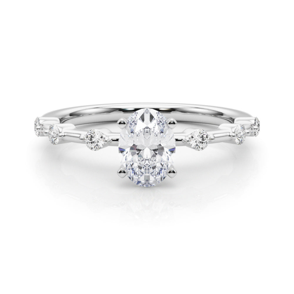 Silver Oval Solitaire Diamond Ring with Bezel Set Side Stones and Prong Setting