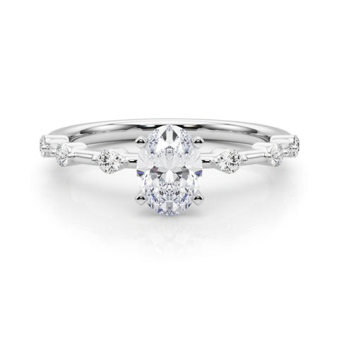 Silver Oval Solitaire Diamond Ring with Bezel Set Side Stones and Prong Setting