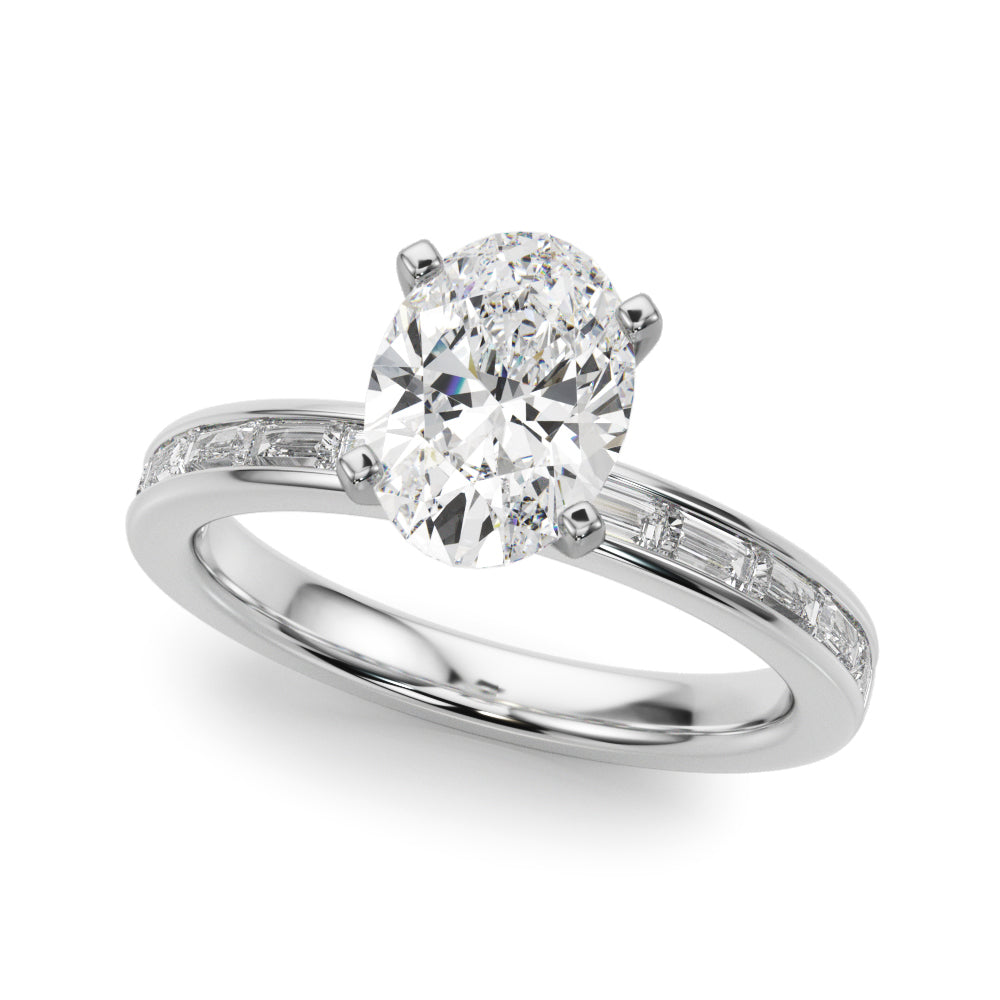 Silver Oval Solitaire Diamond Ring with Channel-Set Baguette Band and Four-Prong Setting 2