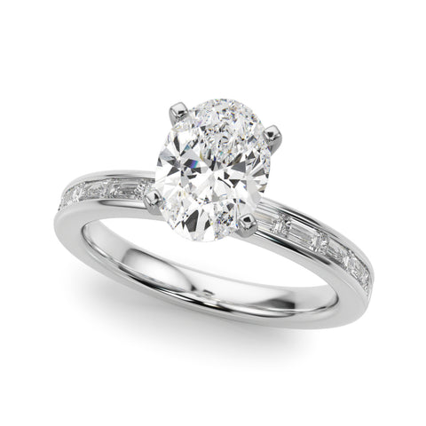 Silver Oval Solitaire Diamond Ring with Channel-Set Baguette Band and Four-Prong Setting 2