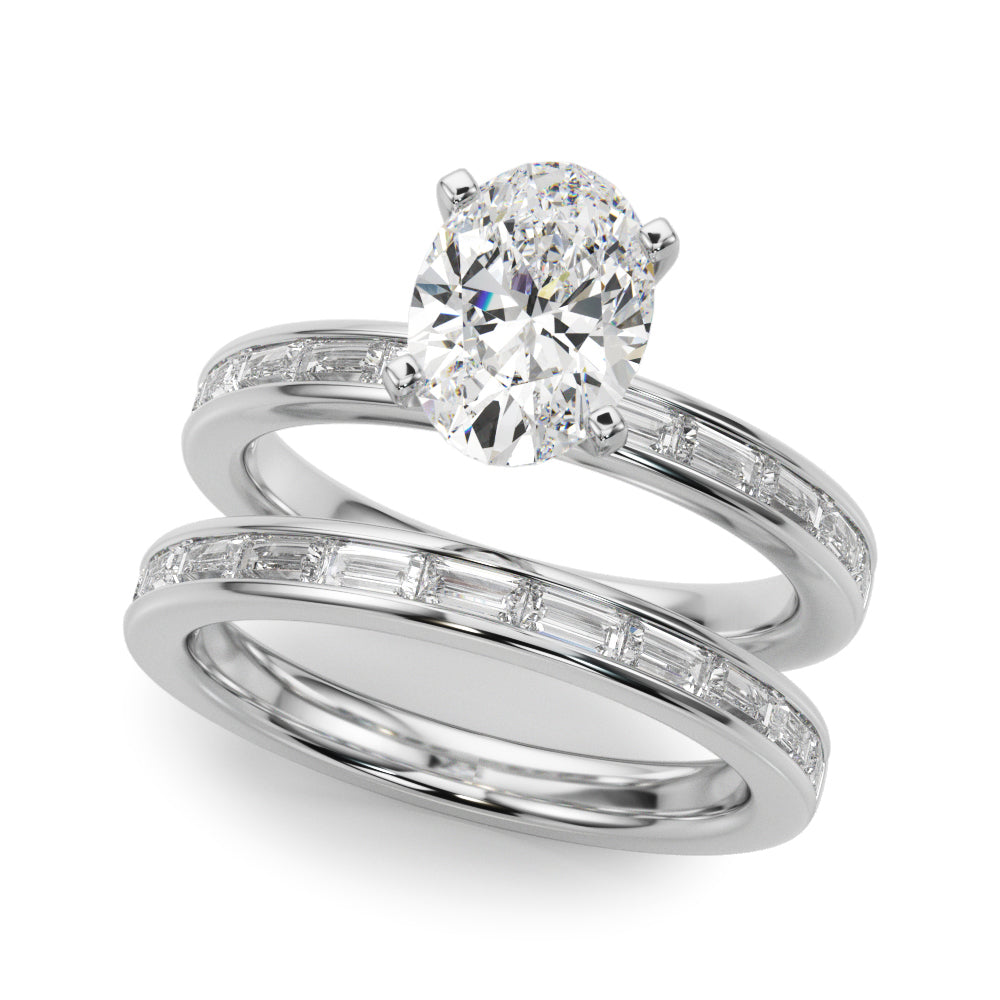 Silver Oval Solitaire Diamond Ring with Channel-Set Baguette Band and Four-Prong Setting