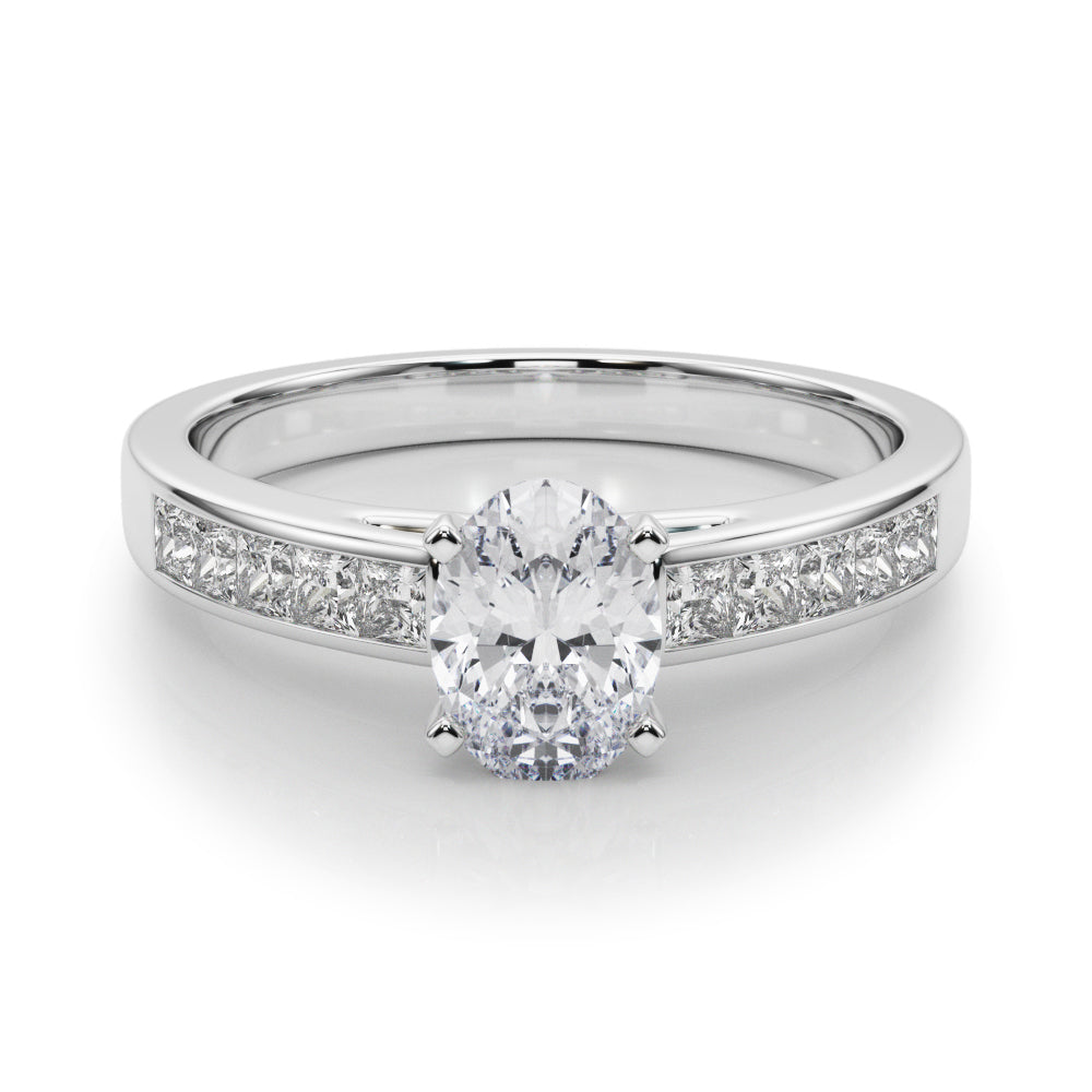 Silver Oval Solitaire Diamond Ring with Channel-Set Band and Four-Prong Setting