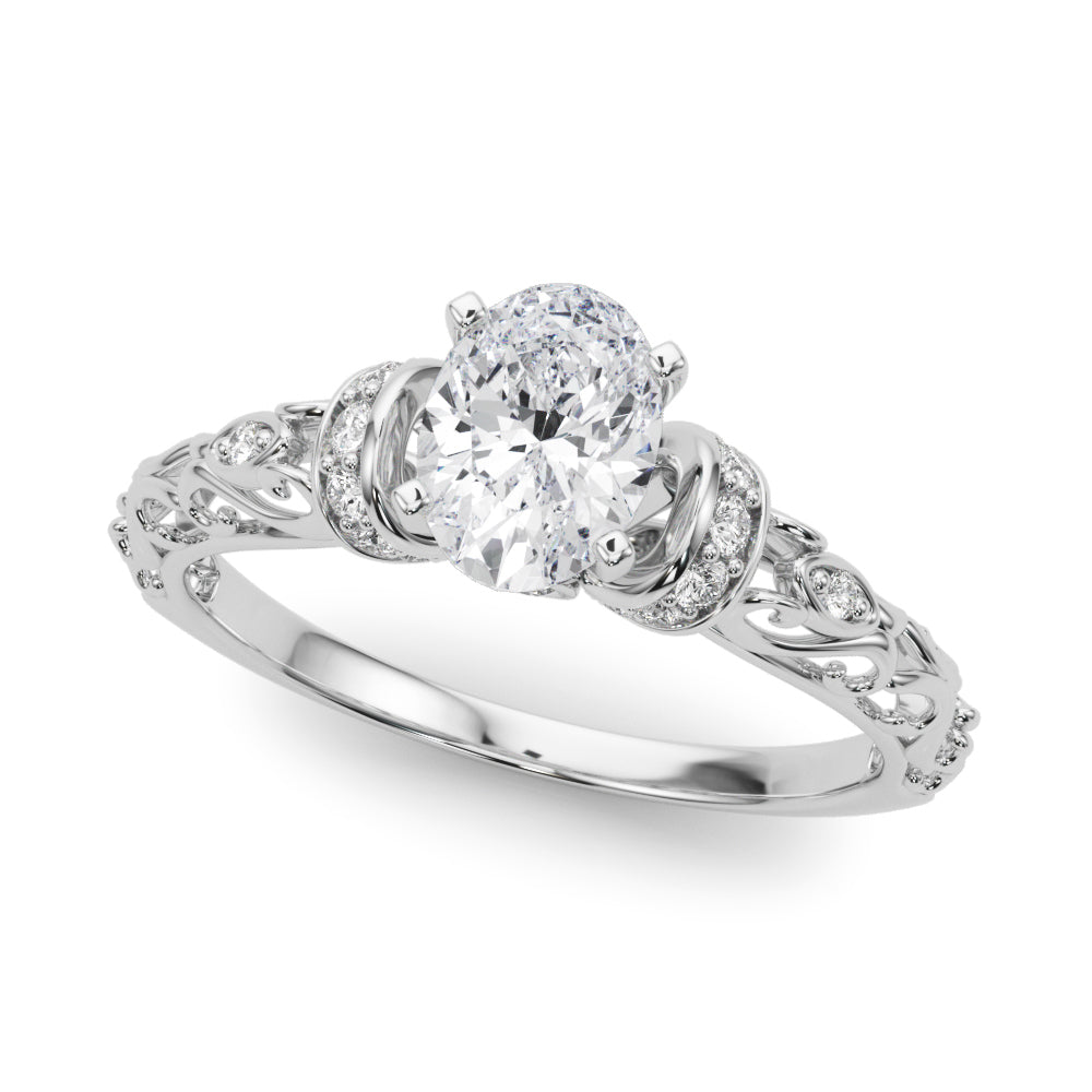 Silver Oval Solitaire Diamond Ring with Filigree Band and Four-Prong Setting 2