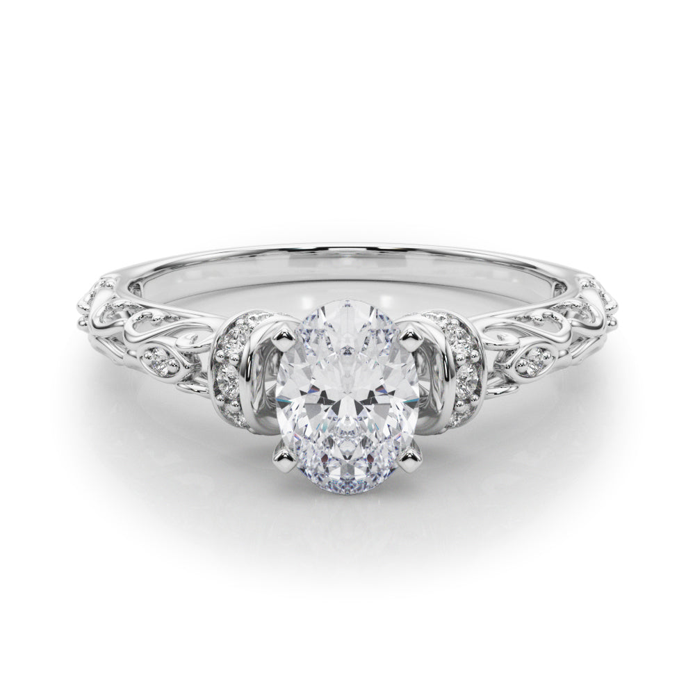 Silver Oval Solitaire Diamond Ring with Filigree Band and Four-Prong Setting