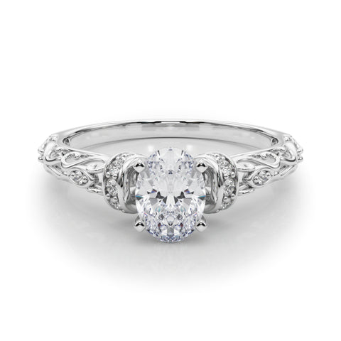 Silver Oval Solitaire Diamond Ring with Filigree Band and Four-Prong Setting