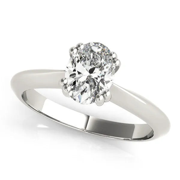 Silver Oval Solitaire Diamond Ring with Four-Prong Setting on a Tapered Band