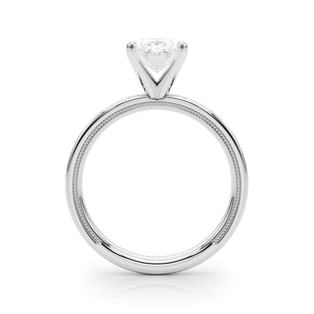 Silver Oval Solitaire Diamond Ring with Milgrain and Black Enamel X Pattern Band 1