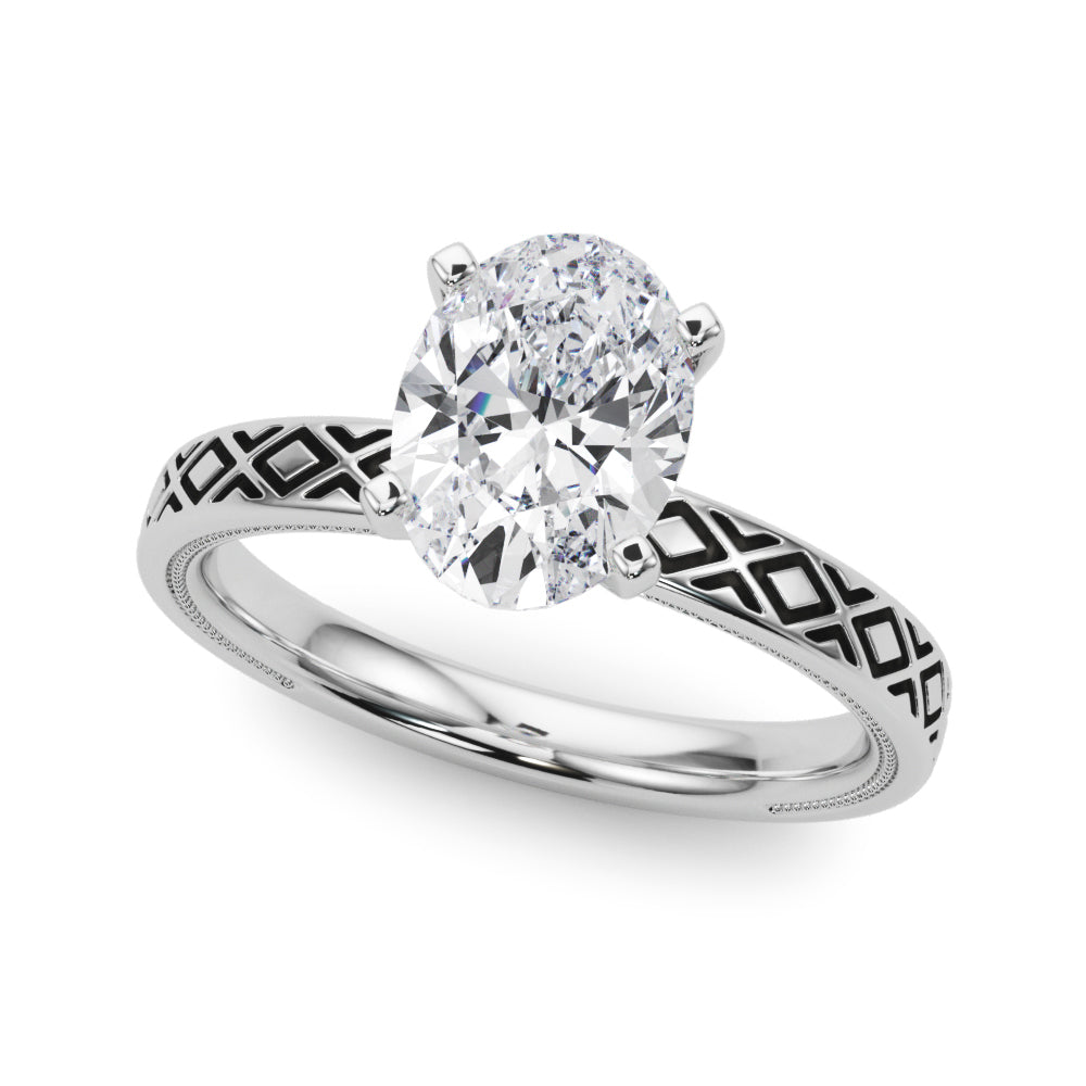 Silver Oval Solitaire Diamond Ring with Milgrain and Black Enamel X Pattern Band 2