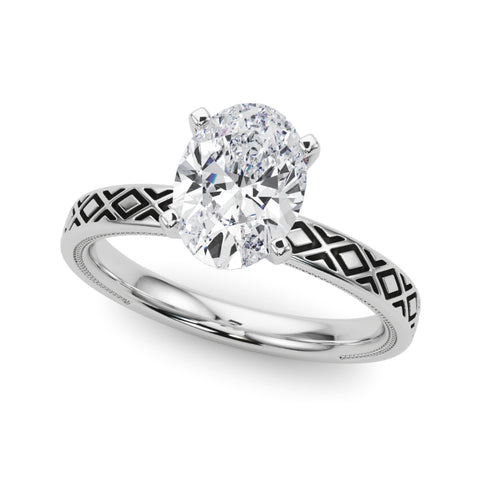 Silver Oval Solitaire Diamond Ring with Milgrain and Black Enamel X Pattern Band 2
