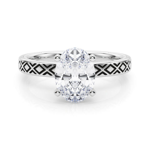 Silver Oval Solitaire Diamond Ring with Milgrain and Black Enamel X Pattern Band
