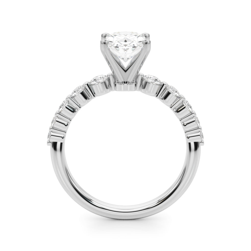 Silver Oval Solitaire Diamond Ring with Pave Band and Four-Prong Setting 1