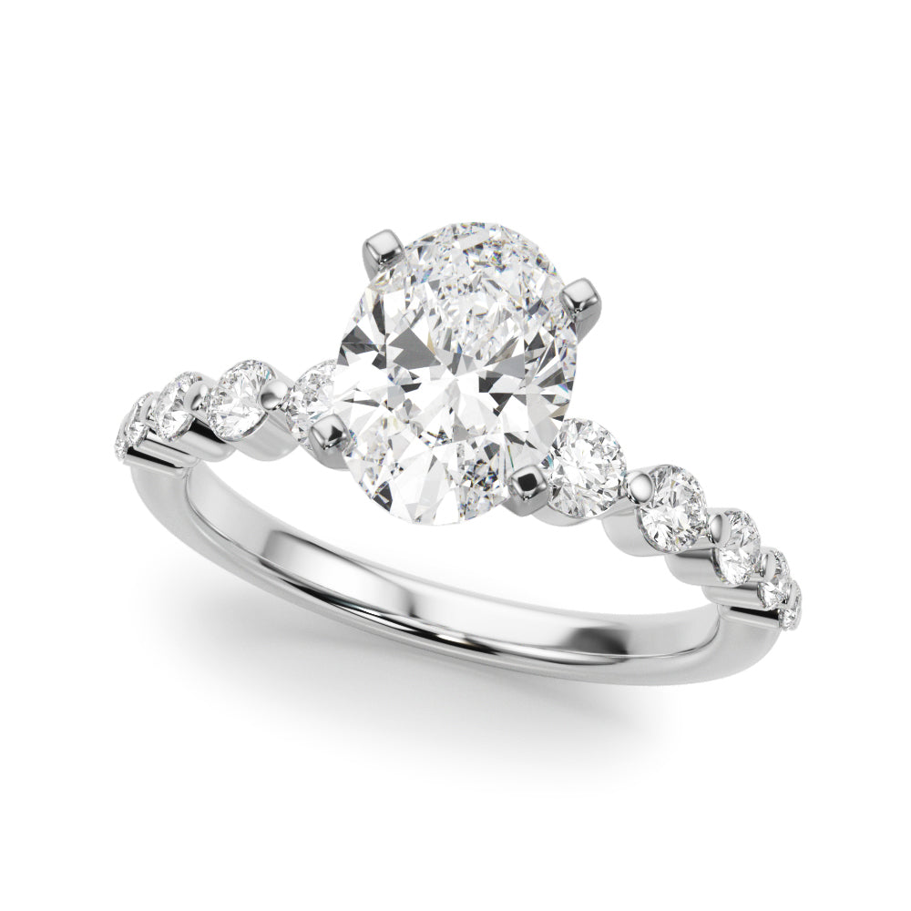 Silver Oval Solitaire Diamond Ring with Pave Band and Four-Prong Setting 2