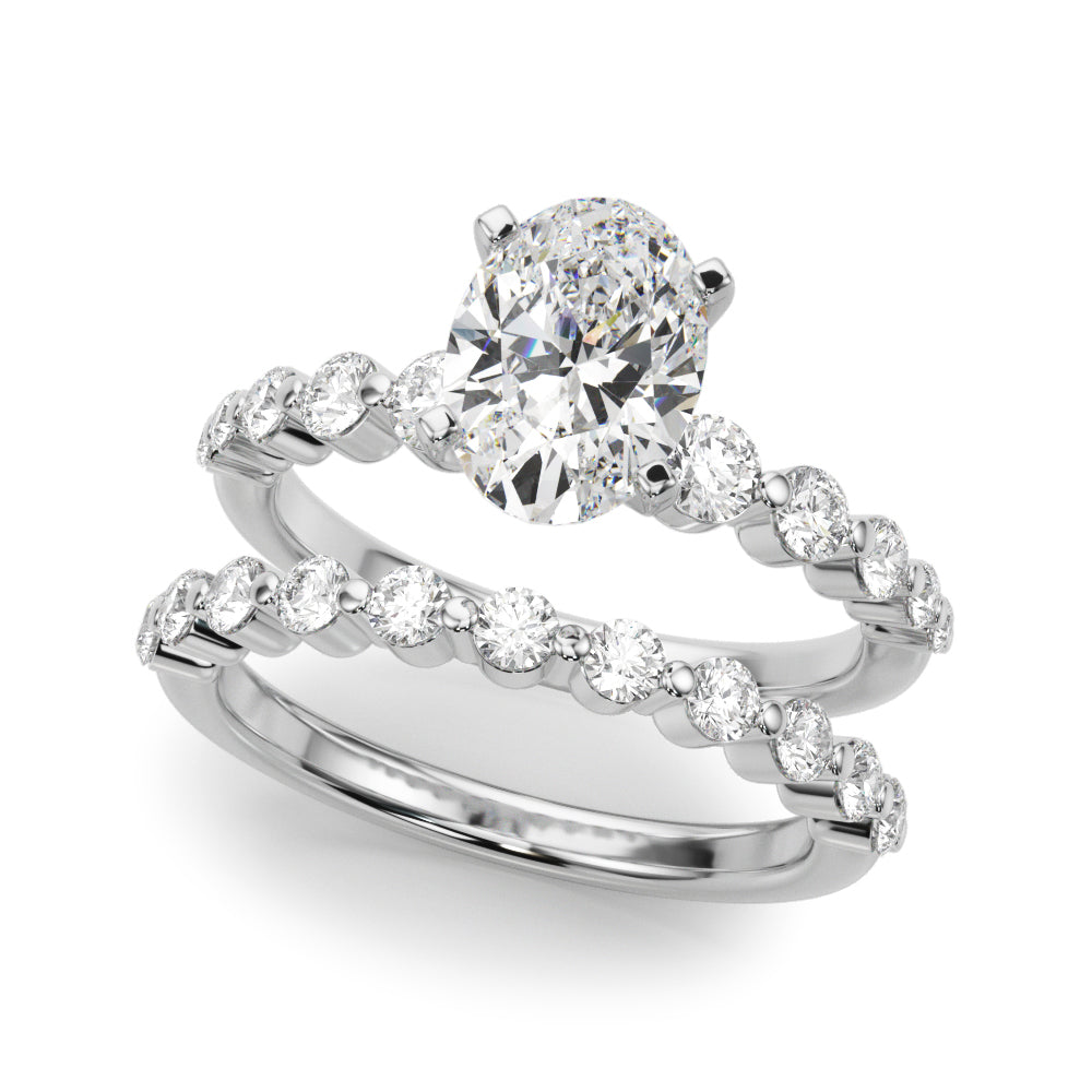 Silver Oval Solitaire Diamond Ring with Pave Band and Four-Prong Setting