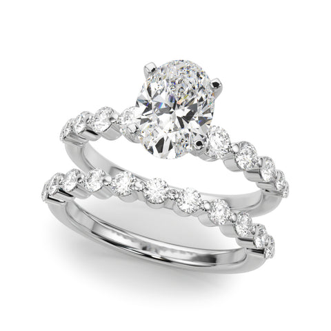 Silver Oval Solitaire Diamond Ring with Pave Band and Four-Prong Setting