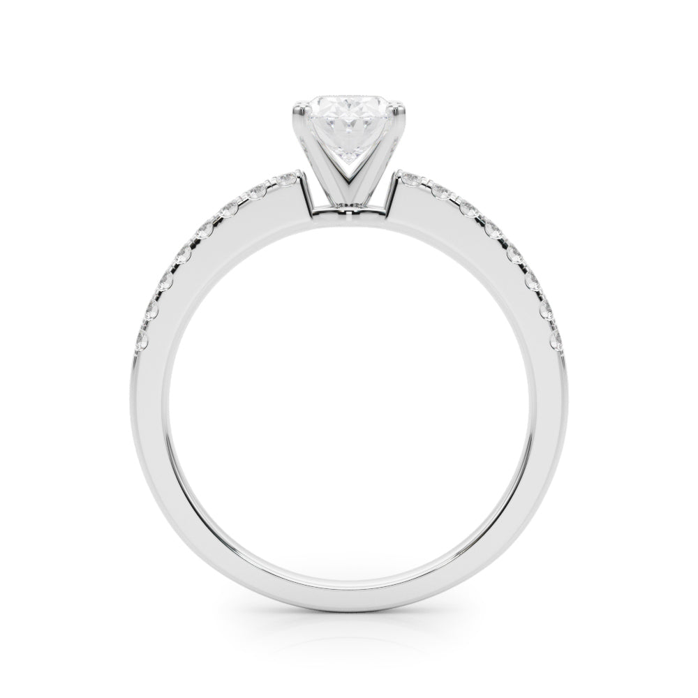 Silver Oval Solitaire Diamond with Pavé Band and Four-Prong Setting 1