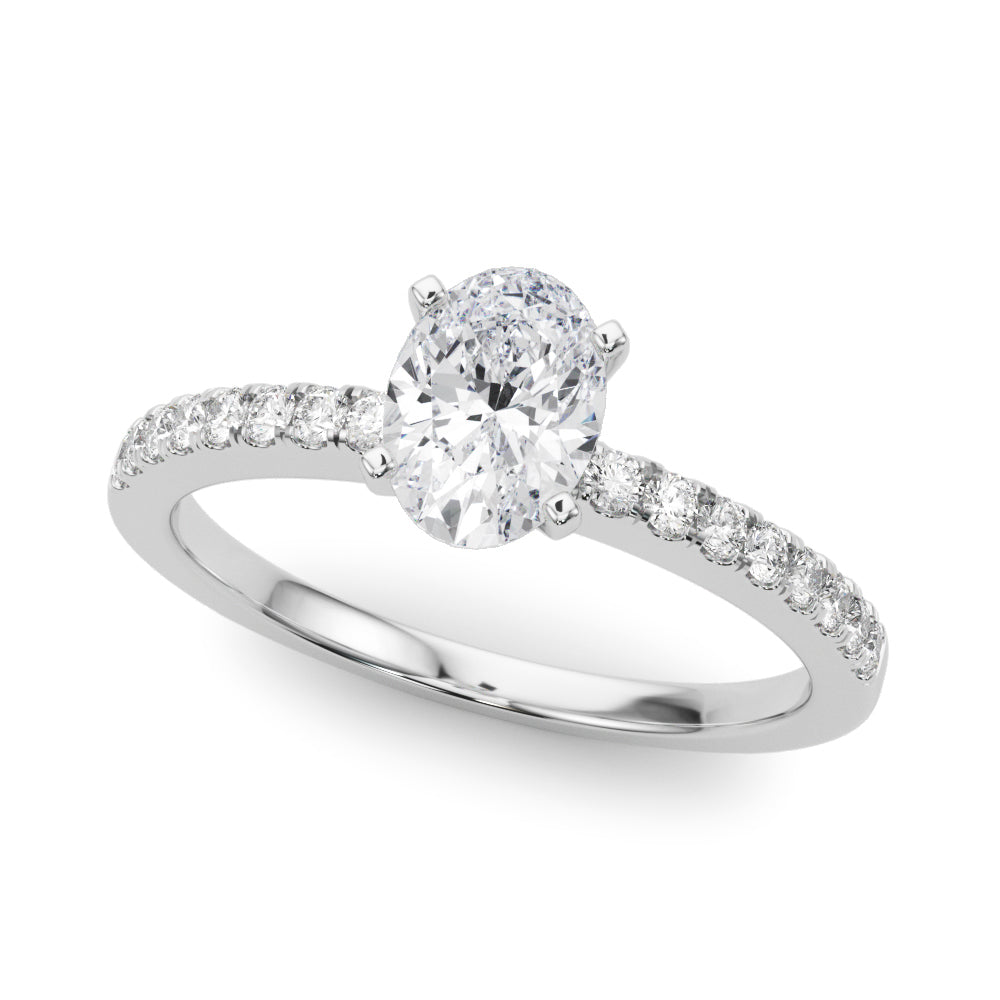 Silver Oval Solitaire Diamond with Pavé Band and Four-Prong Setting 2