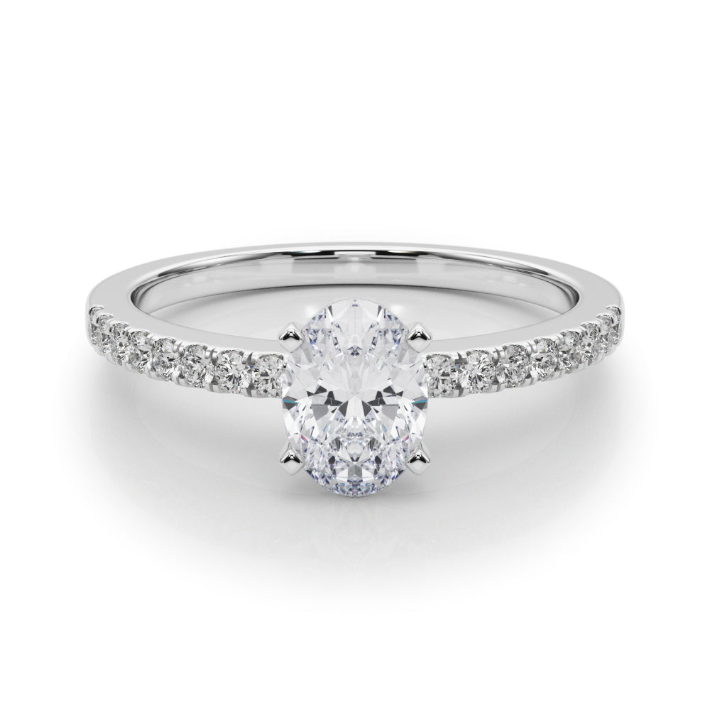 Silver Oval Solitaire Diamond with Pavé Band and Four-Prong Setting