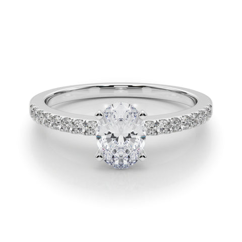 Silver Oval Solitaire Diamond with Pavé Band and Four-Prong Setting