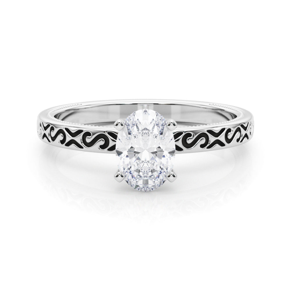 Silver Oval Solitaire Engagement Ring with Scrollwork Band and Four-Prong Setting