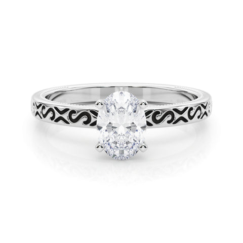 Silver Oval Solitaire Engagement Ring with Scrollwork Band and Four-Prong Setting