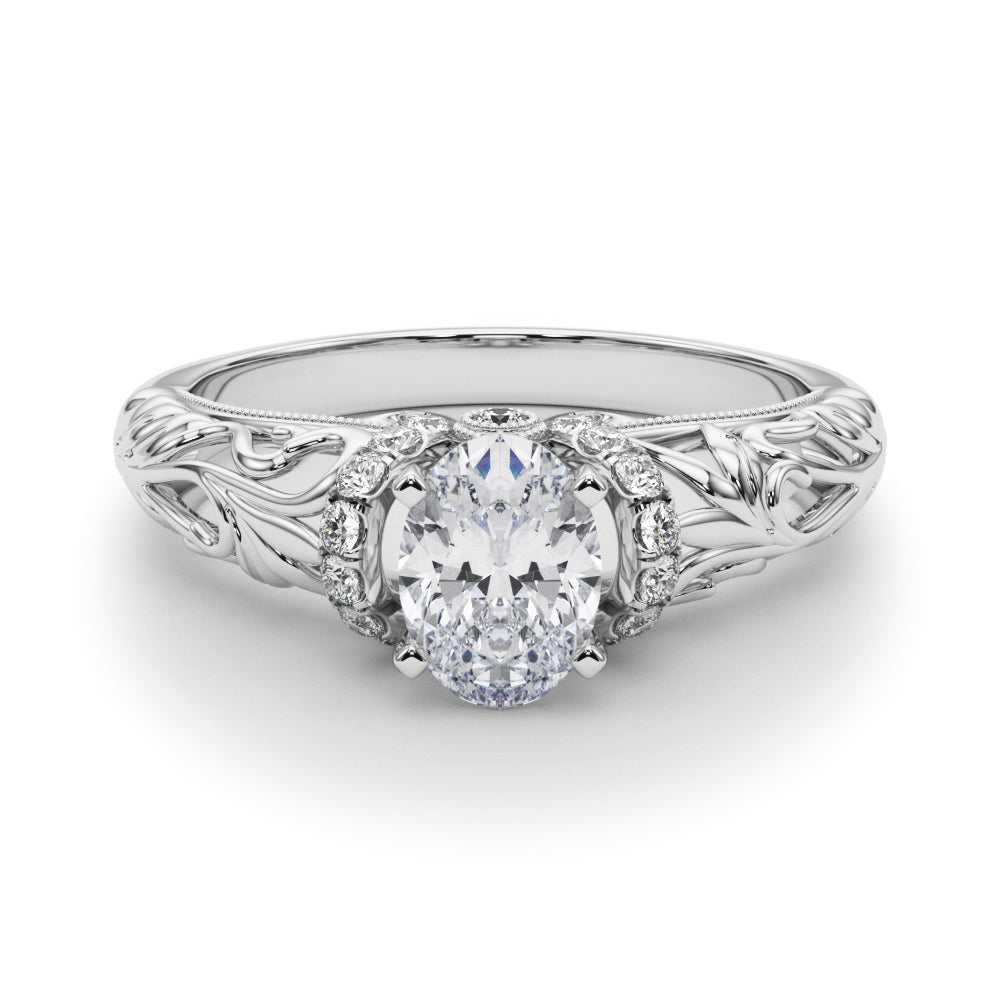 Silver Oval Solitaire Filigree Engagement Ring with Halo and Prong Setting
