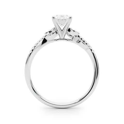 Silver Oval Solitaire Leaf-Inspired Diamond Ring with Pavé Band and Four-Prong Setting 1