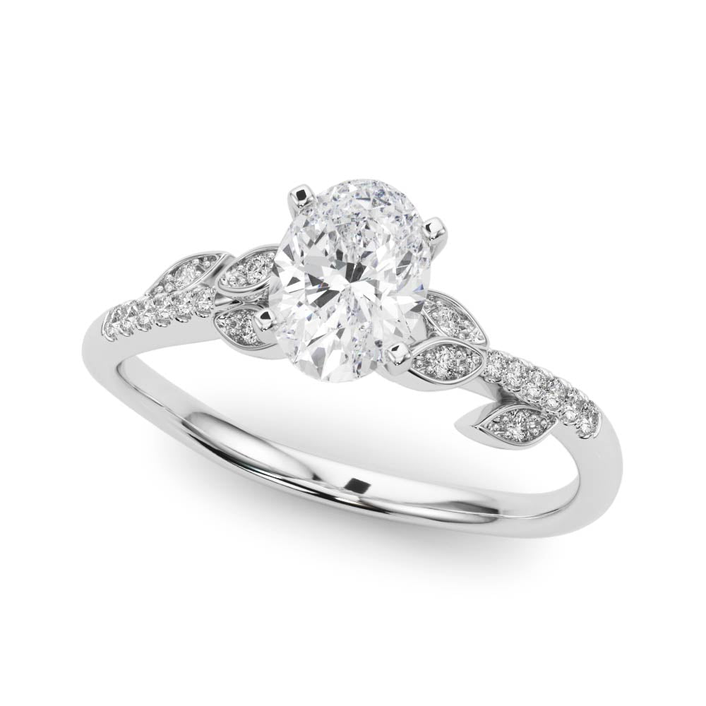 Silver Oval Solitaire Leaf-Inspired Diamond Ring with Pavé Band and Four-Prong Setting 2