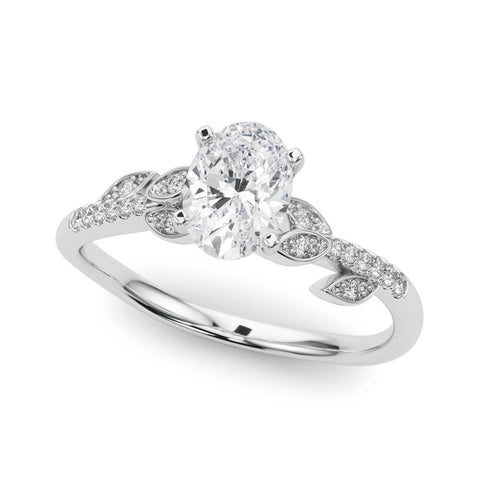 Silver Oval Solitaire Leaf-Inspired Diamond Ring with Pavé Band and Four-Prong Setting 2