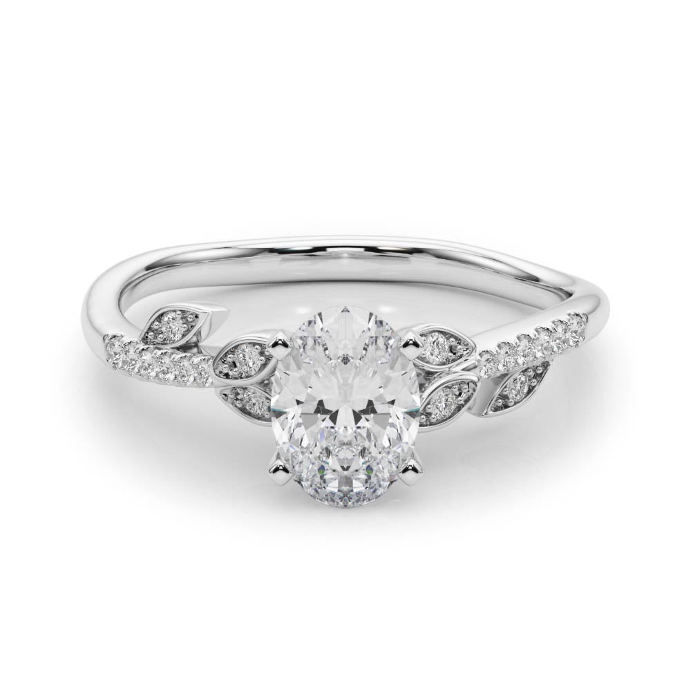 Silver Oval Solitaire Leaf-Inspired Diamond Ring with Pavé Band and Four-Prong Setting