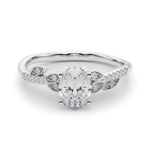 Silver Oval Solitaire Leaf-Inspired Diamond Ring with Pavé Band and Four-Prong Setting