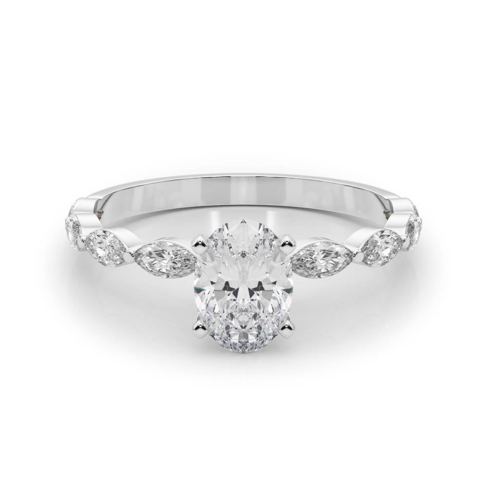 Silver Oval Solitaire Marquise Side Stone Prong Setting Ring