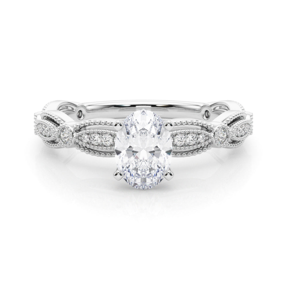 Silver Oval Solitaire Milgrain Diamond Engagement Ring with Bezel and Marquise Band
