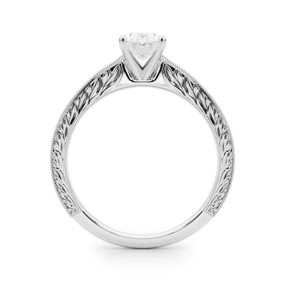 Silver Oval Solitaire Milgrain Engraved Band with Four-Prong Setting 1