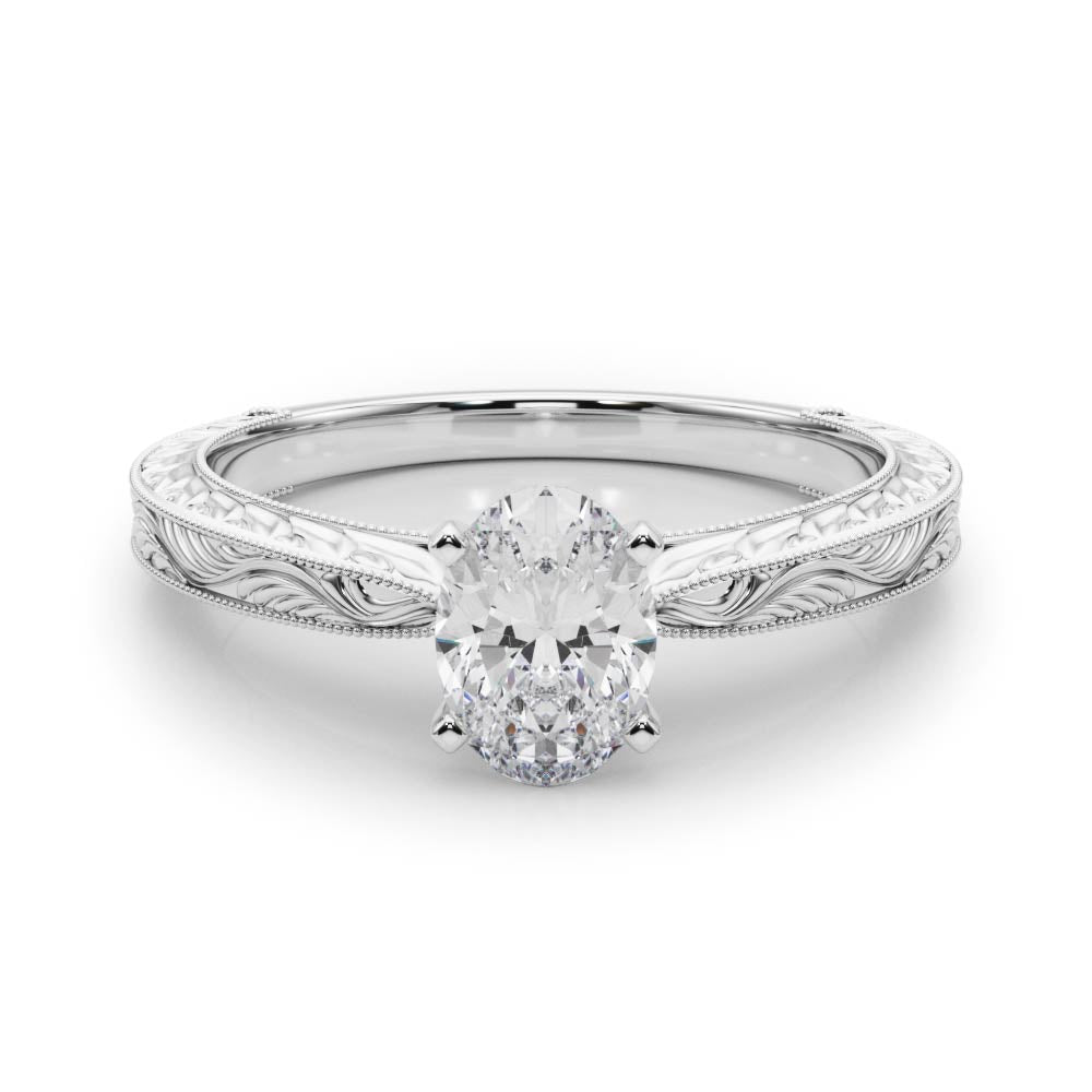 Silver Oval Solitaire Milgrain Engraved Band with Four-Prong Setting