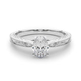 Silver Oval Solitaire Milgrain Engraved Band with Four-Prong Setting