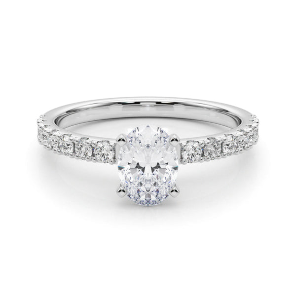 14K White Gold 1.54 Carat F VS1 Oval Solitaire Pavé Band with Four-Prong Setting
