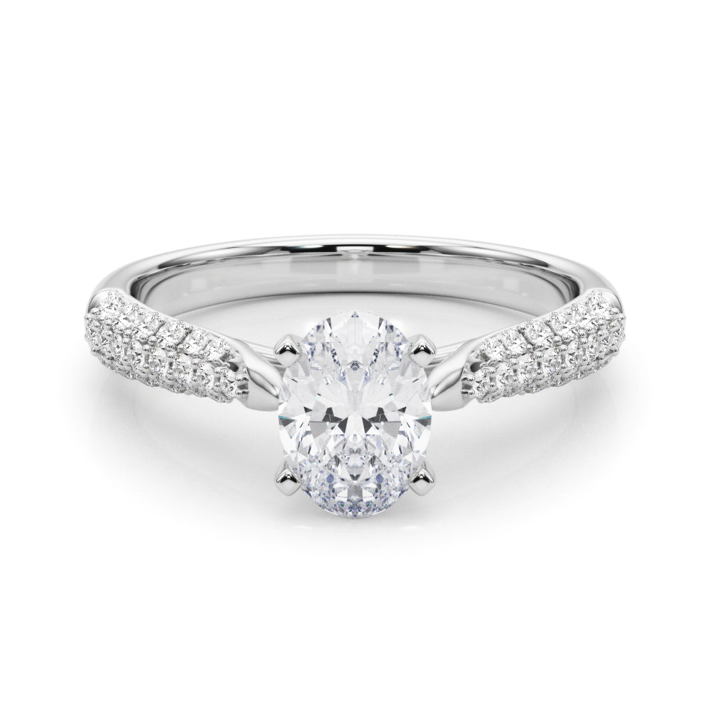 Silver Oval Solitaire Pavé Diamond Engagement Ring with Four-Prong Setting